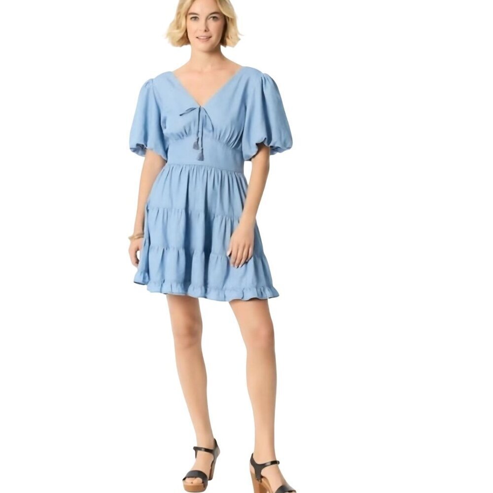 Jessica Simpson Faeryn Blue Tiered Skirt Puff Sleeve Mini Dress Size S